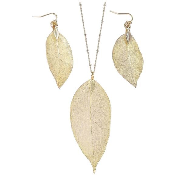 Gold tone Leaf Necklace & Earring Jewelry Set Elegant Nature-Inspired Design - Picture 6 of 10